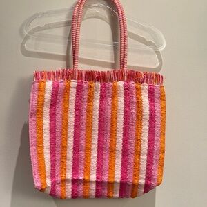 Shiraleah Chicago Striped Pink and Orange Fringe Tote Beach Bag